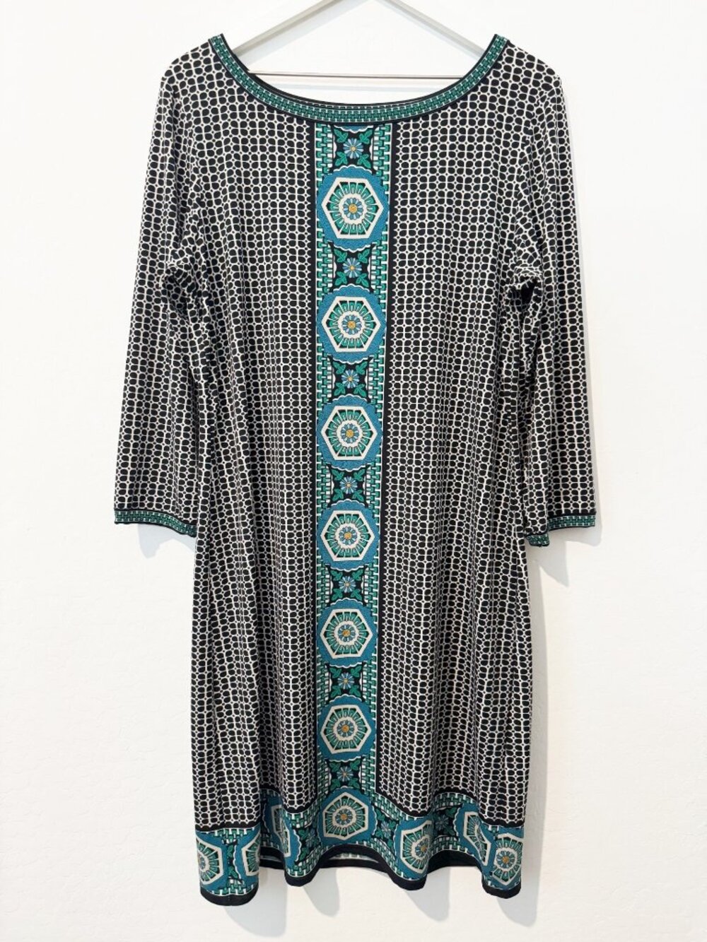 Max Studio Dress Size XL Black Tan Geometric Print Shift Jersey Corporate Chic